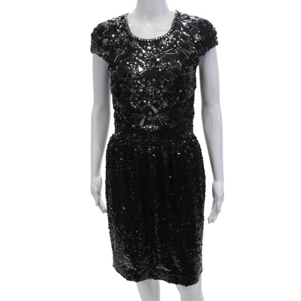 Naeem Khan Women Sheath Dress Black Silk Hook Eye Short Sleeve Size 6